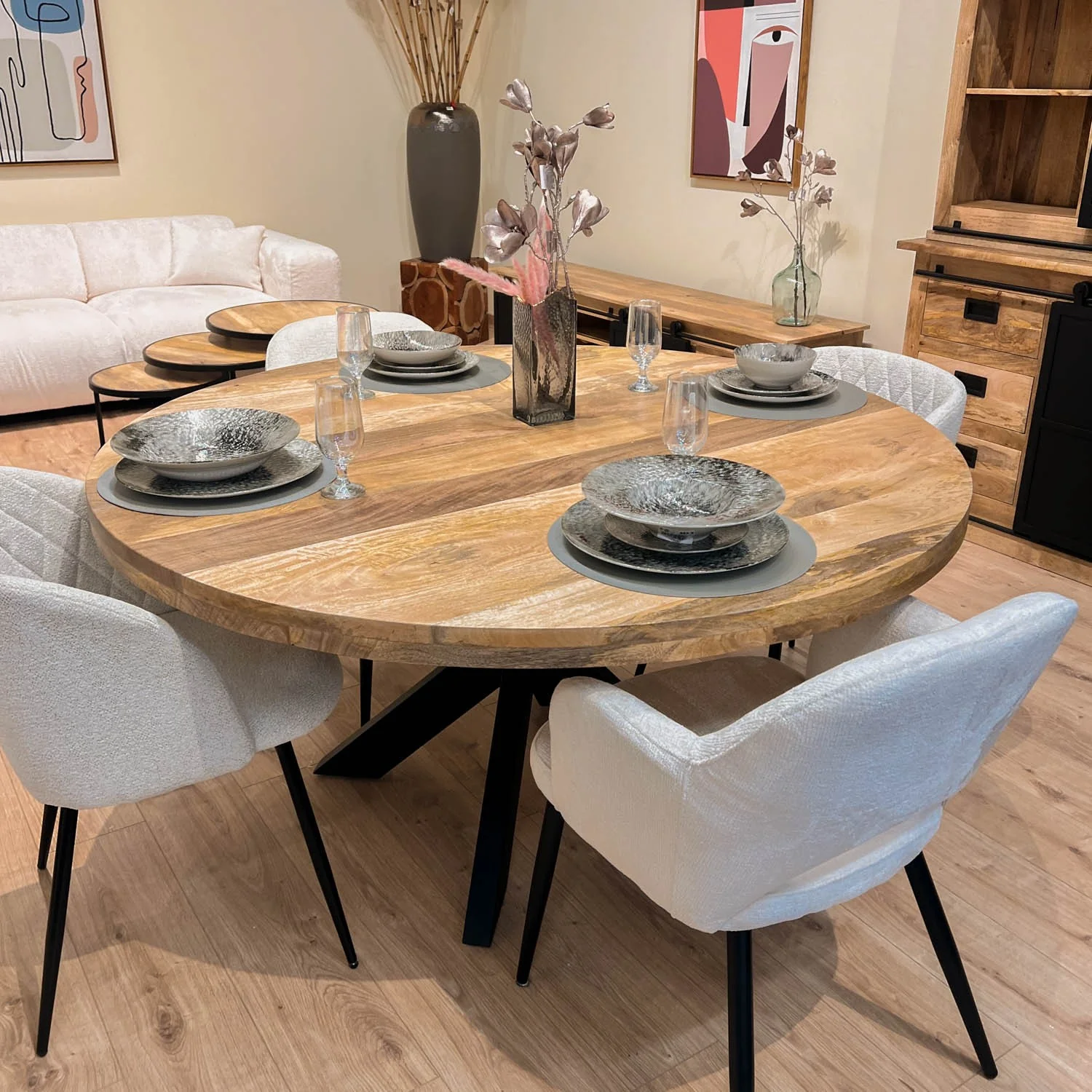 Grande Table à manger Ronde en bois massif- naturel/noir, EP4,5CM - FLAVIA - Image 4